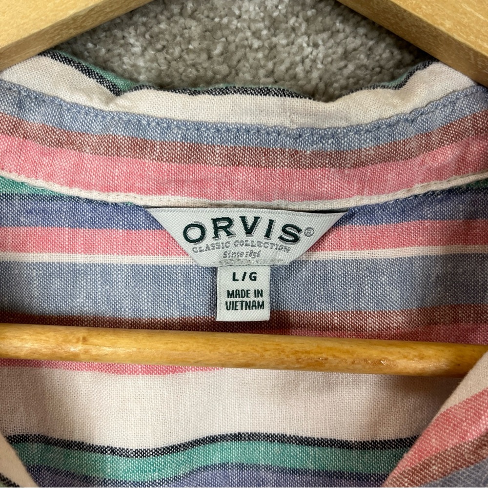 Orvis Shirt Womens Large Pink Blue Stripe Linen Blend Short Sleeve Button- 4096 - Picture 8 of 11